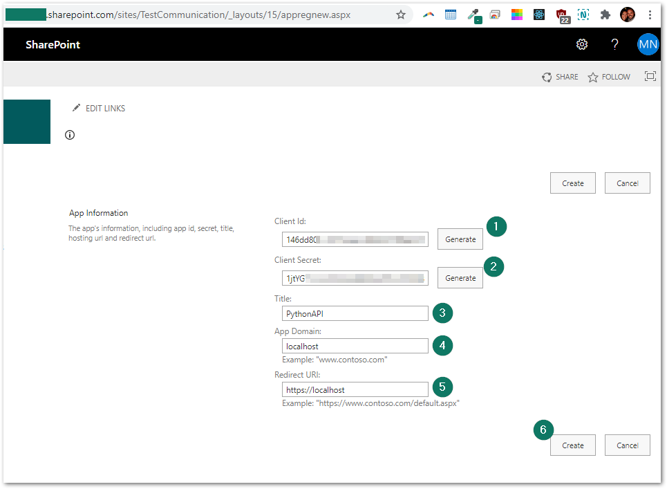 Screenshot of the app registration sharepoint page