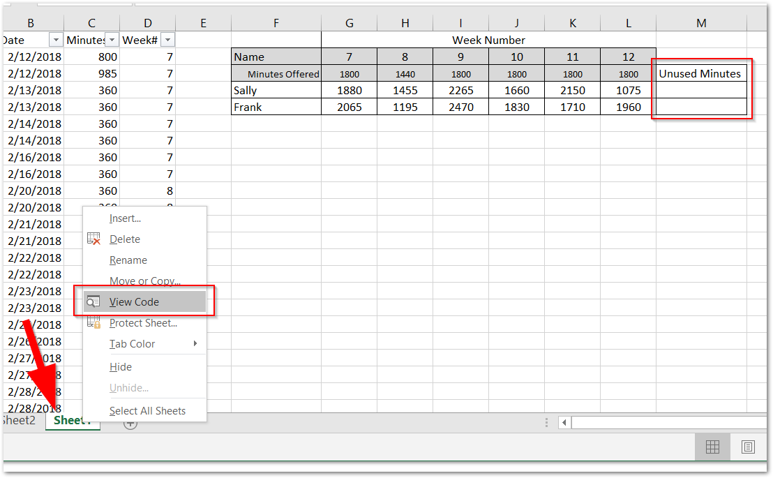 Screenshot of excel highlighting the newly added column and where to click to view code