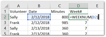 Screenshot showing the helper column with the weeknum formula